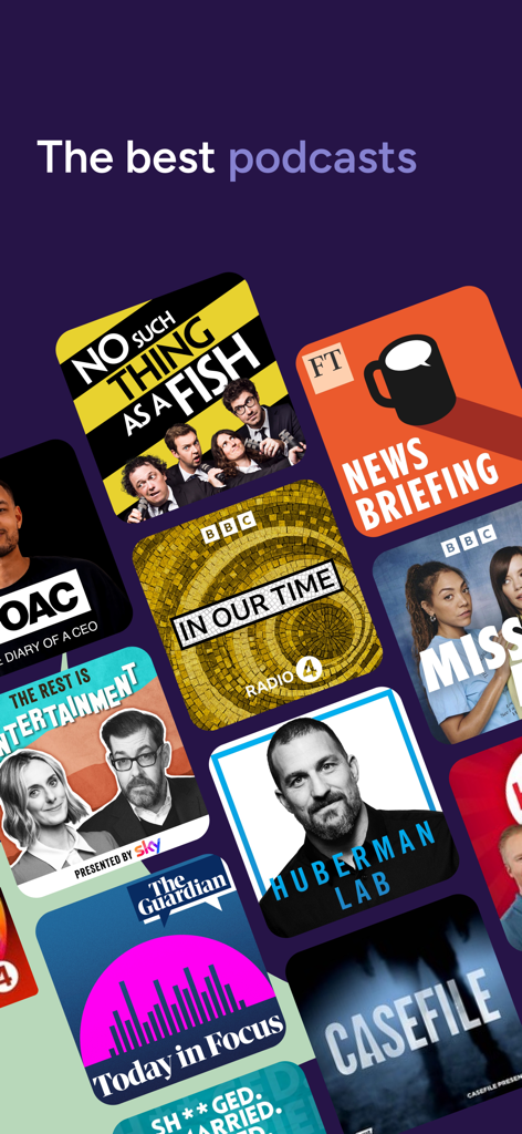 Una selección de portadas de podcasts populares mostradas en la aplicación iVoox, incluyendo Huberman Lab y FT News Briefing.