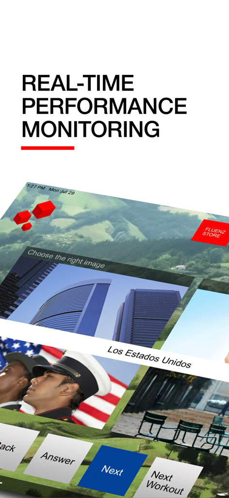 Fluenz - Fluenz app interface showing real-time performance monitoring and a Spanish language exercise