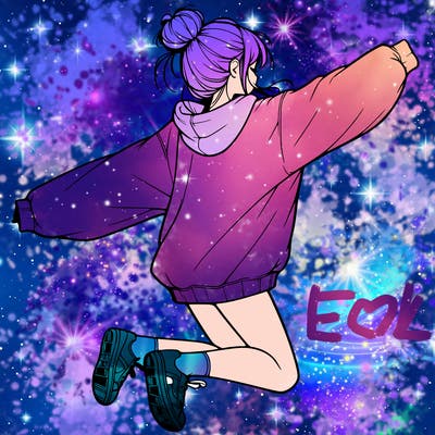 realistic girl jumping with a bun and oversized sweatshirt