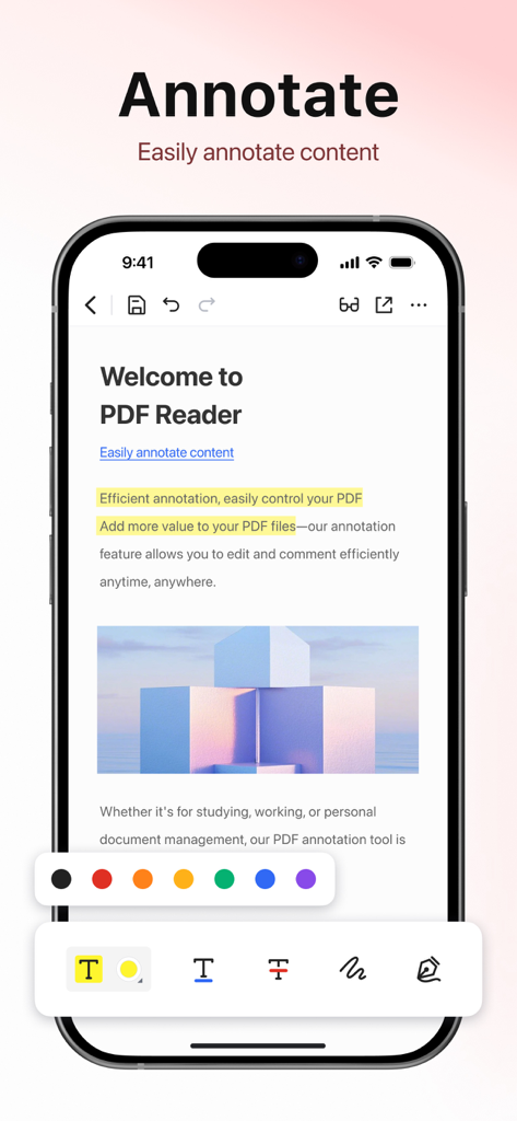 PDF Reader - Editor & Scanner - Un écran de smartphone montrant un document PDF annoté avec des outils de surlignage et d'édition.