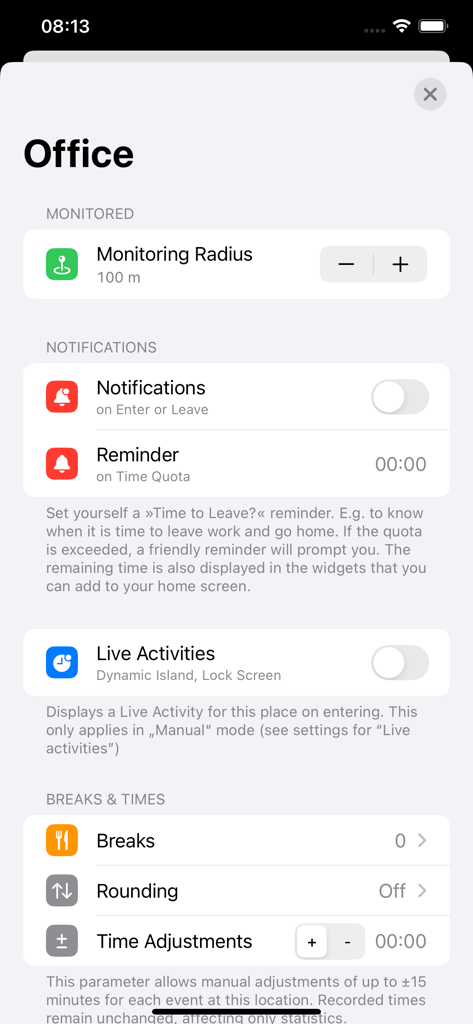 Geofency - Time Tracking - Geofency app settings for office location monitoring and notifications