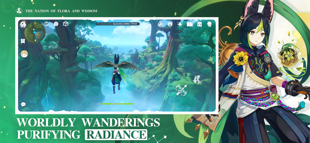 Il personaggio Tighnari che plana attraverso una foresta lussureggiante nel gameplay di Genshin Impact Cloud