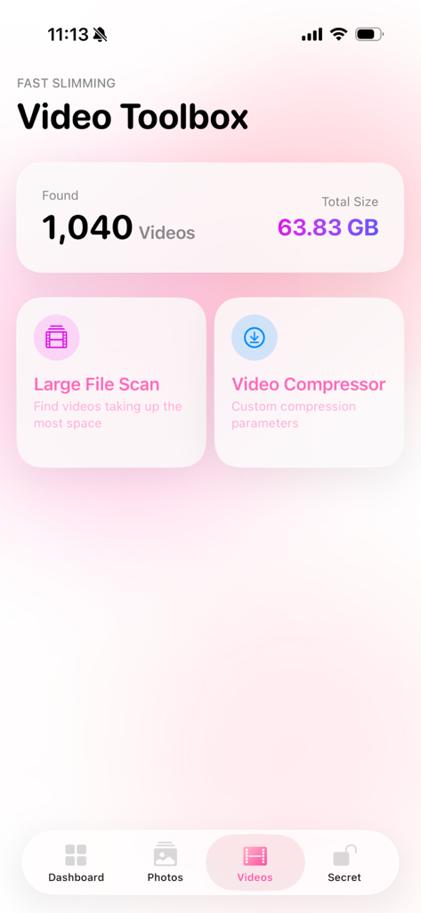 TidyLens - TidyLens app Video Toolbox screen showing 63GB of video storage with large file scan and video compressor tools
