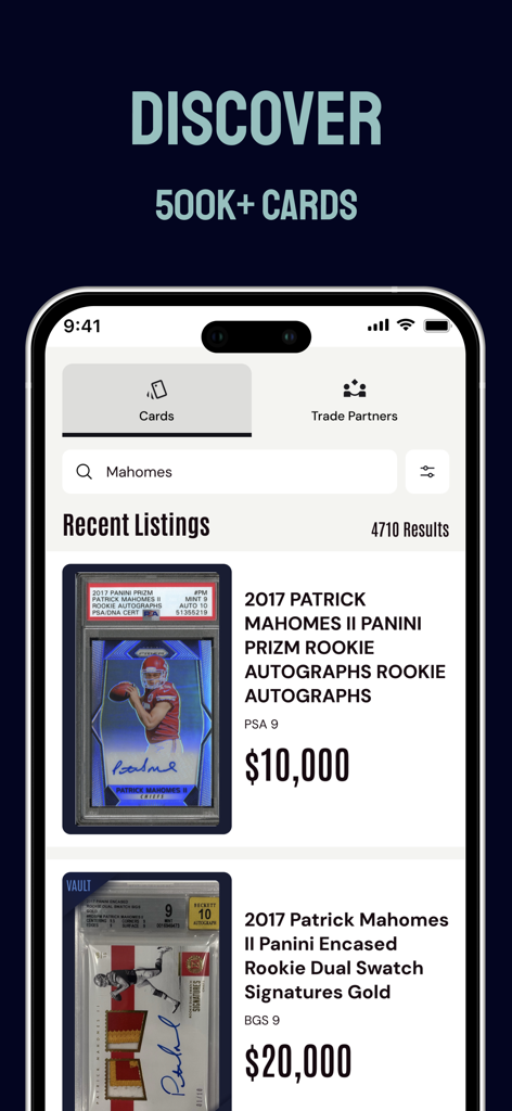 Veriswap - Veriswap app displaying search results for high value Patrick Mahomes trading cards