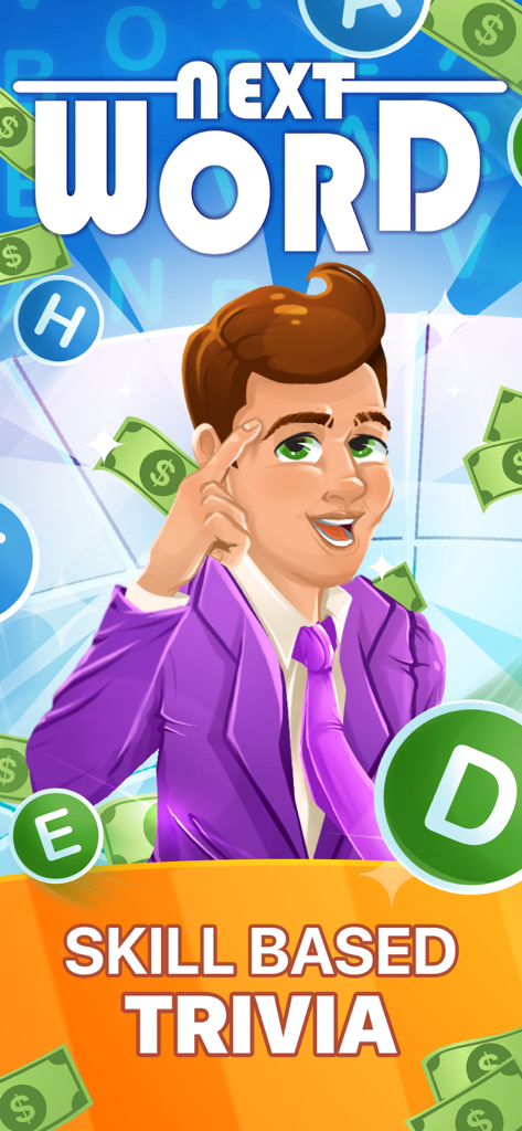 Next Word: Alphabet Cash Quiz - Next Word Alphabet Cash Quiz splash screen featuring a cartoon man in a purple suit thinking with floating dollar bills and letters