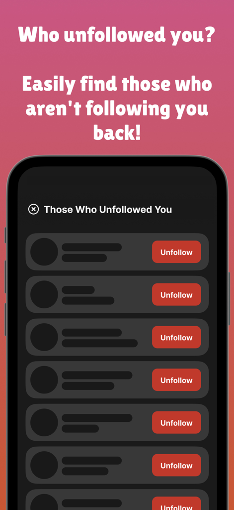 Pantalla de la aplicación Twitly mostrando una lista de usuarios que te dejaron de seguir con botones rojos de dejar de seguir