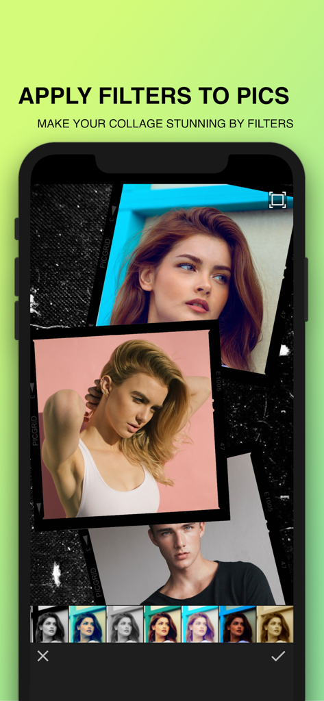Photo Collage Maker : Pic Grid - Un smartphone que muestra un collage de fotos con varias opciones de filtros estéticos en la parte inferior.