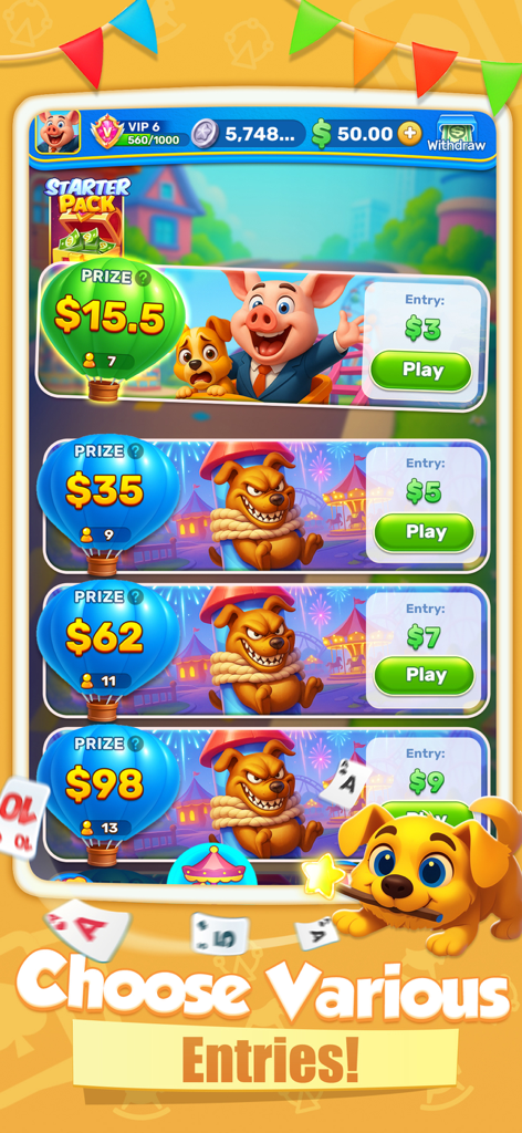 Solitaire Bounty:Win Real Cash - Solitaire Bounty game interface showing various tournament entry fees and cash rewards with a carnival theme