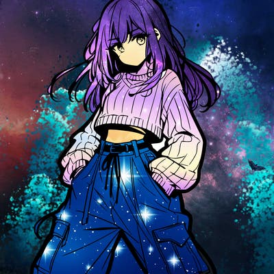 anime teen girl with baggy pants and crop top with sweater