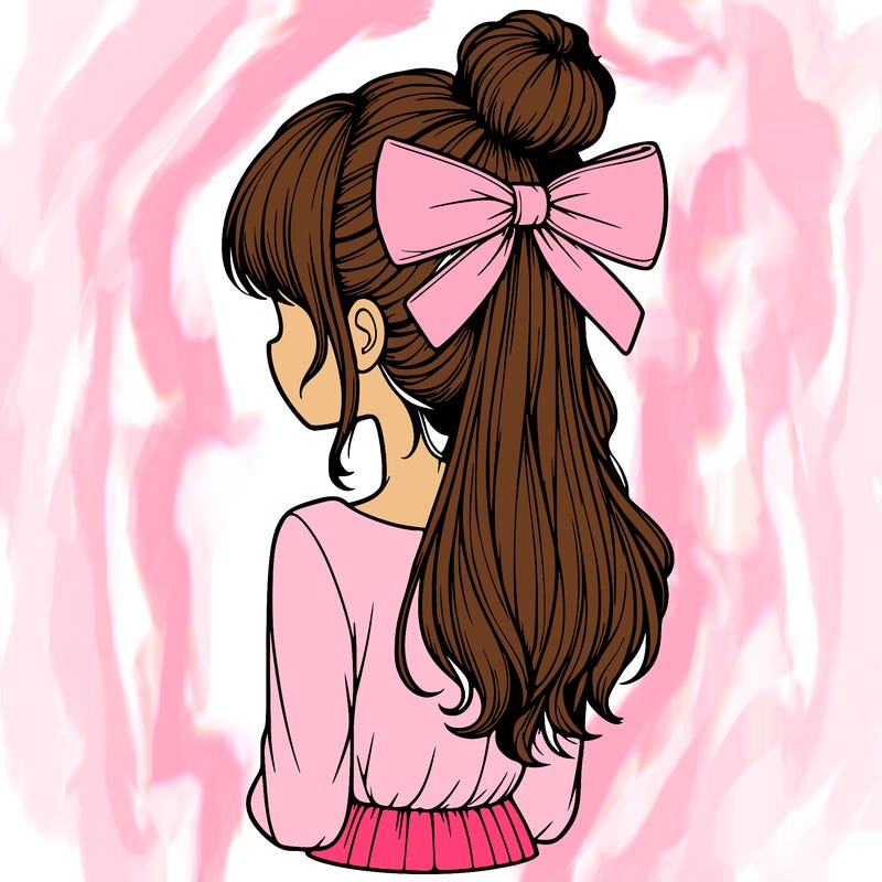 realistic girl  with hip length hair a bun and a big bow on the back of head