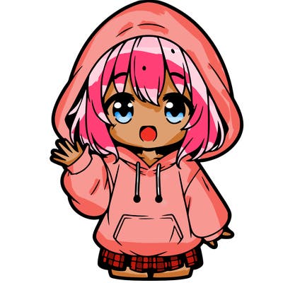 a anime girl saying hi. and is wearing a oversized hoodie with strings