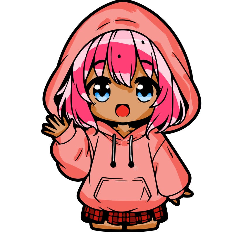 a anime girl saying hi. and is wearing a oversized hoodie with strings