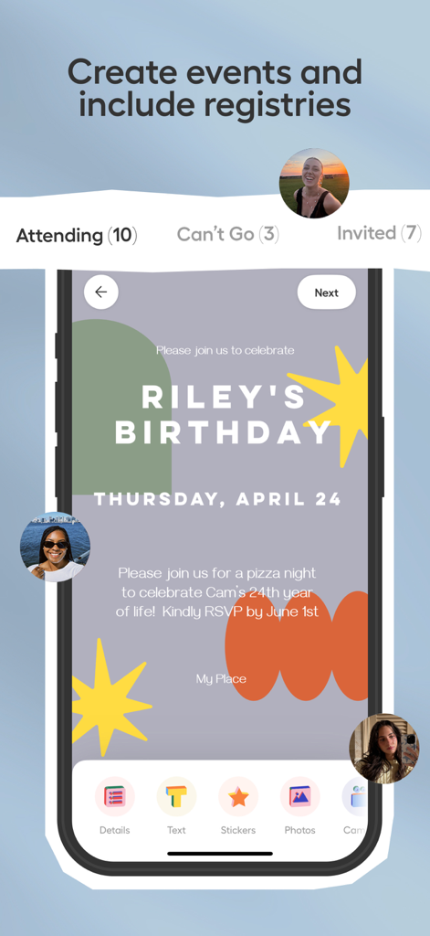 Givingli: Send Gifts & Cards - Givingli app interface for creating events and tracking RSVPs for a birthday invitation.