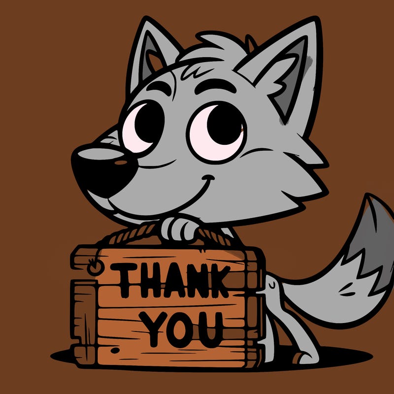 wolf with a sign saying “thank you”