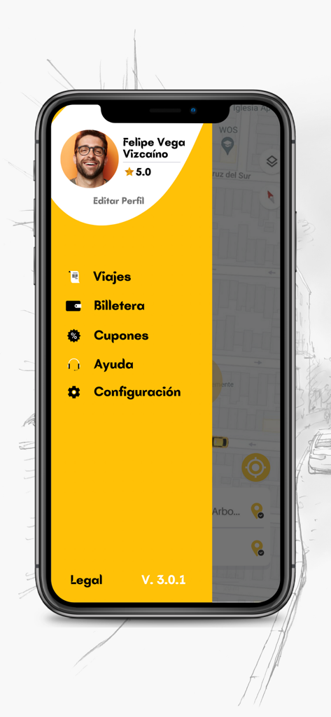 Eiby Taxi app side menu displaying user profile name and navigation options for trips wallet and settings