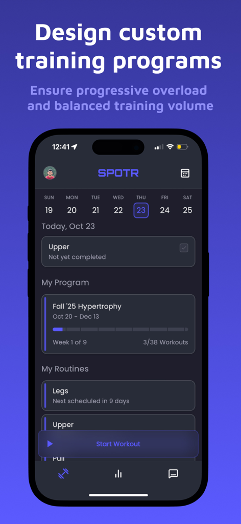 Spotr: Strength Training - Spotr app interface for designing custom training programs and managing weekly workout schedules.