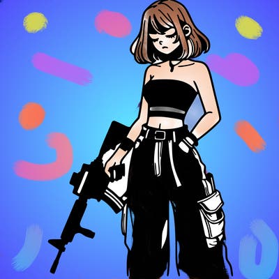 a dangerous girlcrop top and baggy jeans with a rifle in her hand