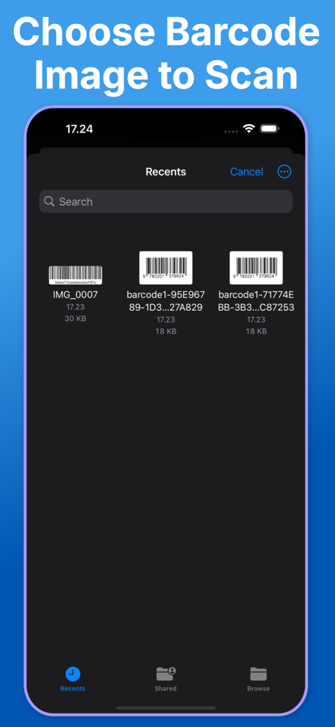 Bar Code Reader ™ - Interface of the Bar Code Reader app showing a file selection screen to scan barcodes from saved images