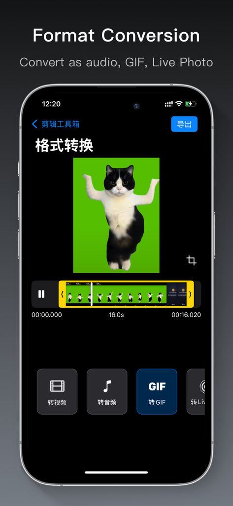 Video Editor Toolbox - Interface do aplicativo Video Editor Toolbox mostrando opções de conversão de vídeo para GIF e Live Photo