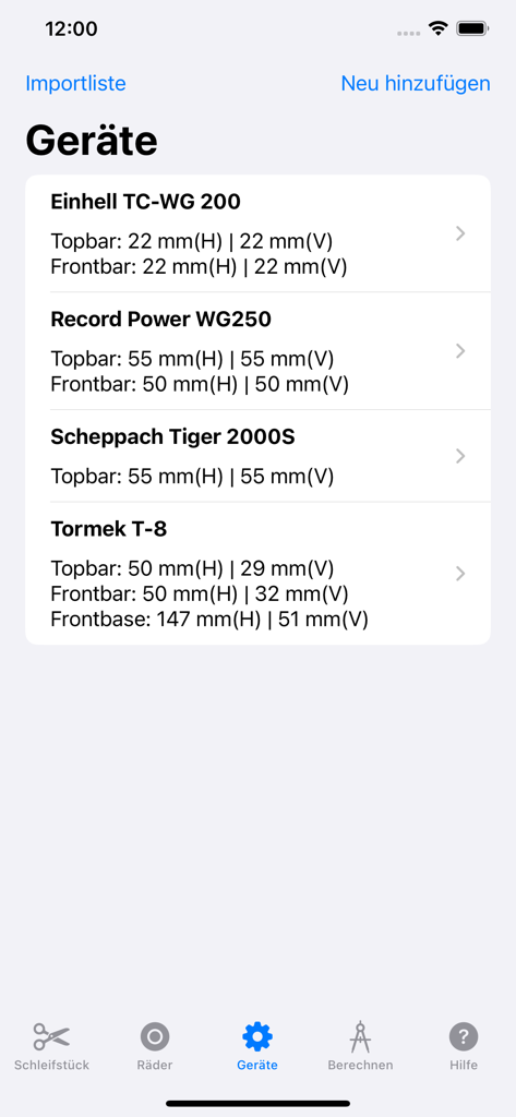 Grindcalculator - Eine Liste von Schleifmaschinen, darunter Tormek und Einhell, mit ihren spezifischen Werkzeugmessungseinstellungen in der Grindcalculator-App.