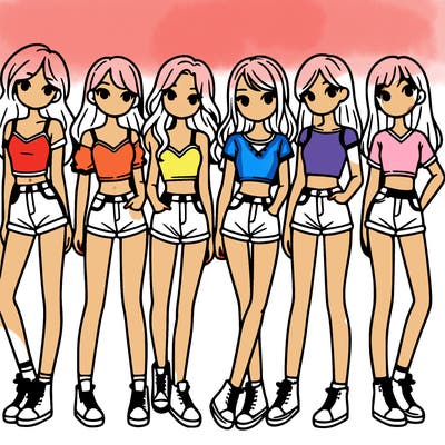 a group of girls wearing crop tops and shorts