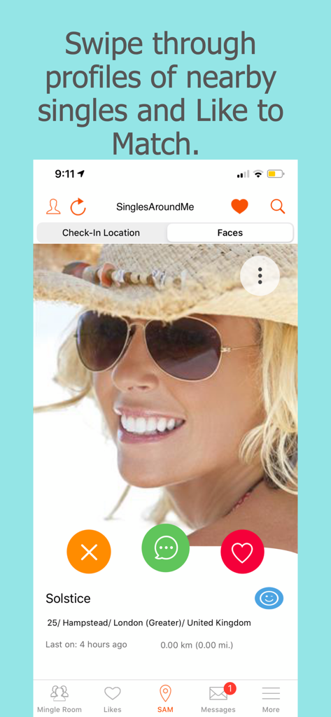 SinglesAroundMe Local dating - Interfaz de la aplicación de citas SinglesAroundMe mostrando un perfil de usuario y opciones de coincidencia