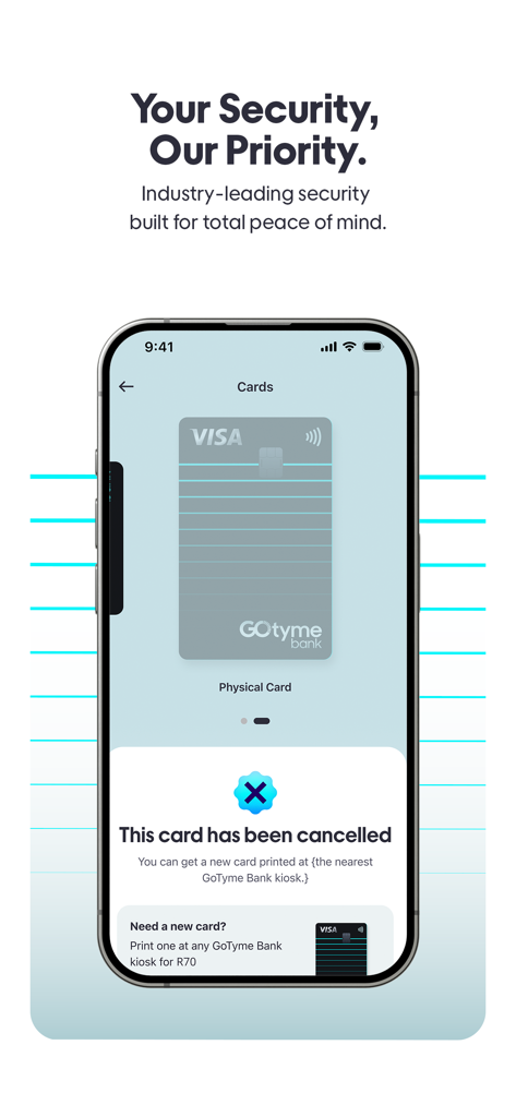 GoTyme Bank mobile app screen showing a cancelled Visa card notification and security focus message
