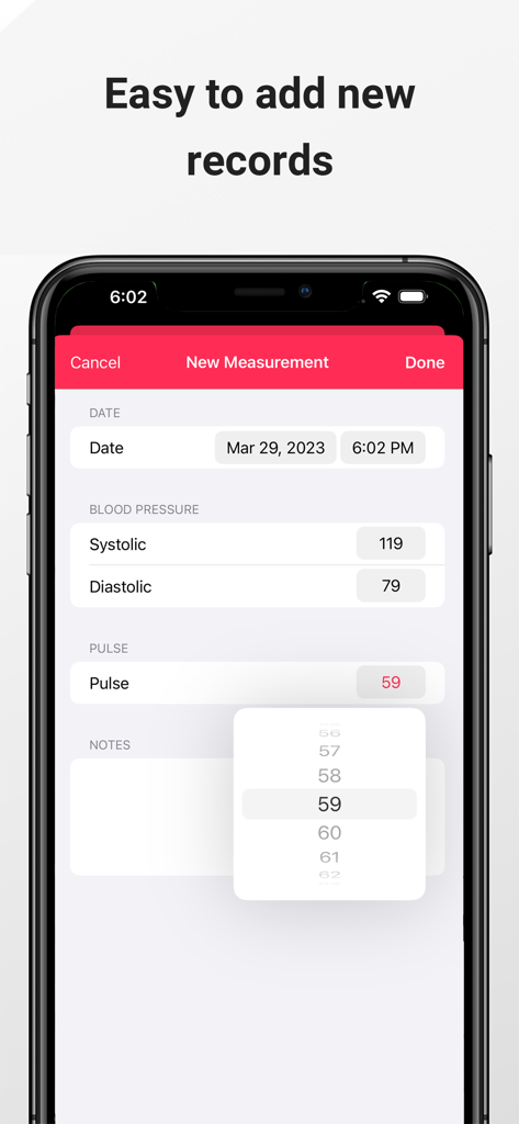 Pantalla de entrada de nueva medición para registrar la presión arterial y el pulso.