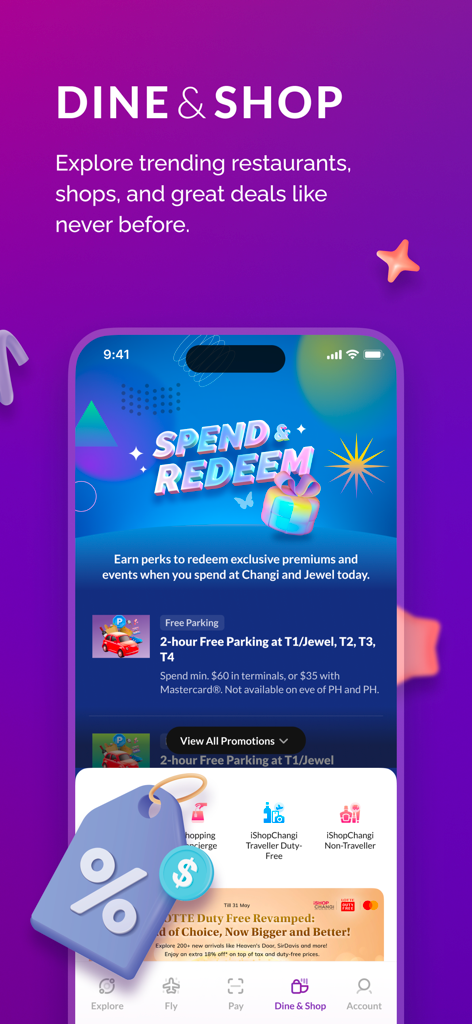 Screenshot of the Changi App Dine and Shop screen featuring retail deals and rewards at Singapore Changi Airport