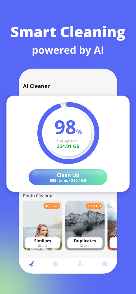 AI Cleaner - Storage Cleanup - AI Cleaner app interface showing storage analysis and duplicate photo removal options