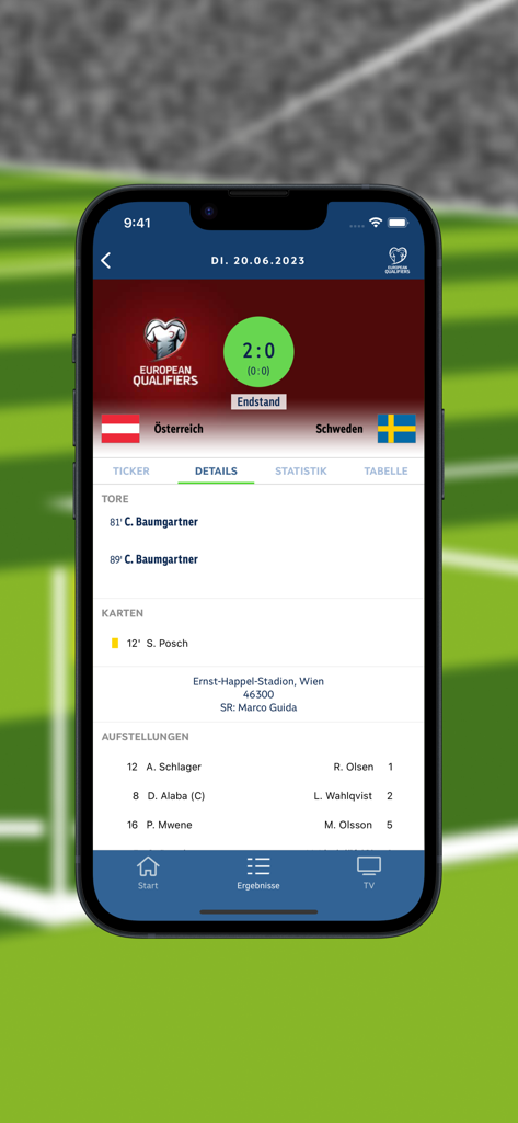ORF Fussball app screenshot displaying match details for Austria vs Sweden European Qualifiers with a final score of 2-0.