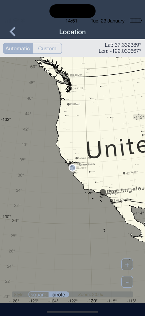 Map screen in The Moon app showing location selection and geographic coordinates