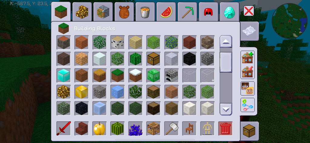 MultiCraft inventory screen showing various building blocks and crafting materials in a grid