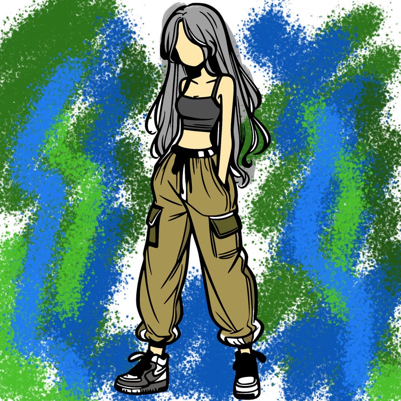 girl in baggy pants crop top and long hair