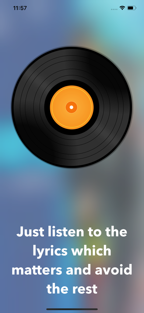 AutoMix DJ - Vinyl record graphic on the AutoMix DJ app interface with text about listening to song lyrics