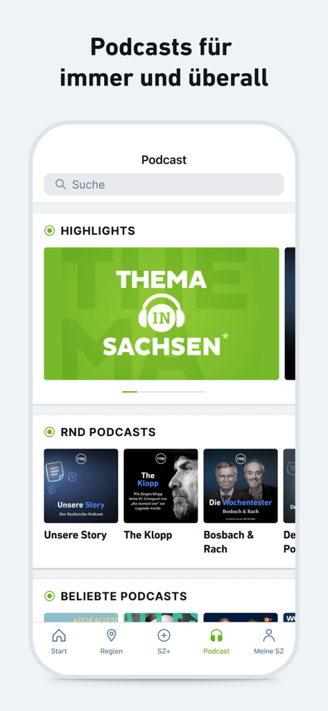 Interface de descoberta de podcast do aplicativo SZ Nachrichten mostrando programas regionais alemães e originais RND