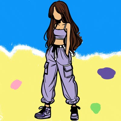 girl in baggy pants crop top and long hair