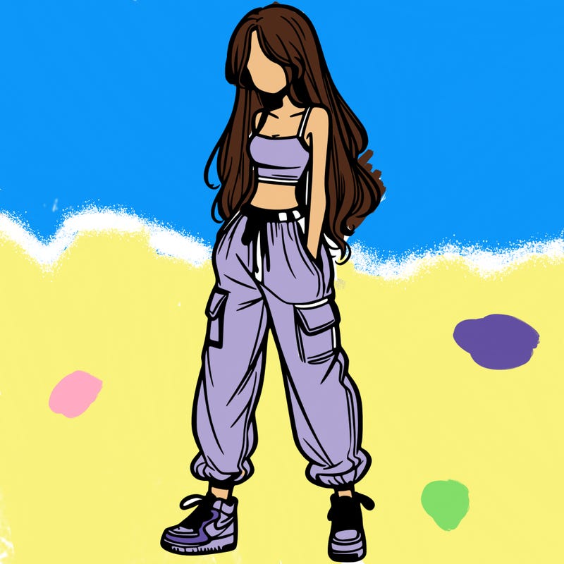 girl in baggy pants crop top and long hair