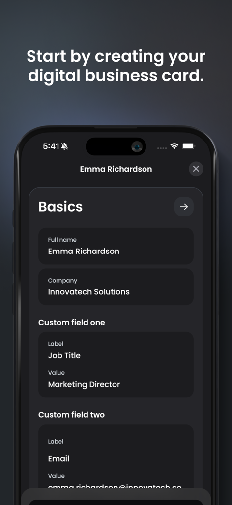 SoCard: Digital Business Card - Pantalla de smartphone mostrando el proceso de configuración de una tarjeta de presentación digital en la app SoCard.