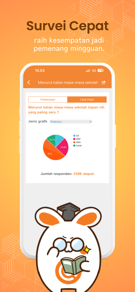 Nusaresearch - Nusaresearch mobile app interface showing a pie chart of community survey results with an academic mascot.