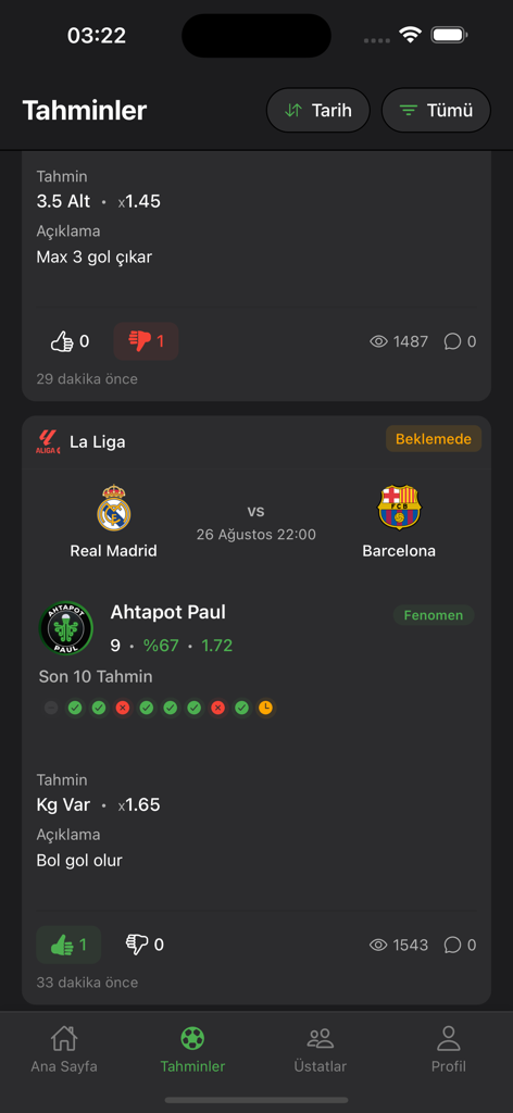 Futbol Üstatları - Tahmin - Pantalla de predicciones de apuestas de fútbol que muestra consejos de expertos y análisis de partidos para Real Madrid contra Barcelona