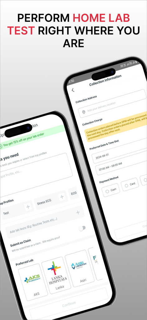 Flash Health - Flash Health mobile app interface for booking home medical lab tests with scheduling and lab selection options.