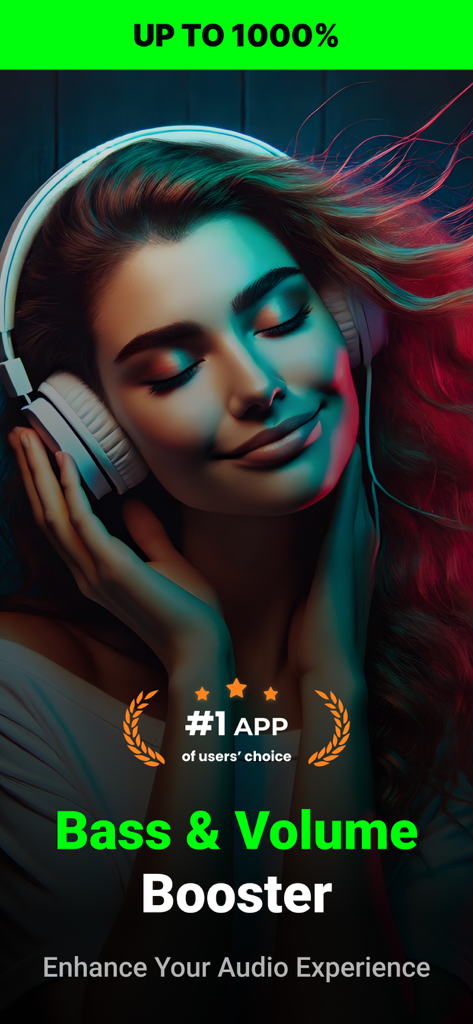 Una mujer disfrutando de música con auriculares en la pantalla de introducción de la aplicación Bass and Volume Booster