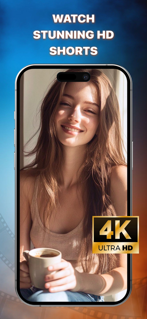 コーヒーカップを持った女性が笑顔で高画質のショートドラマ動画を見ているスマートフォンの画面