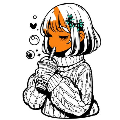 manga girl drinking boba in cozy sweater