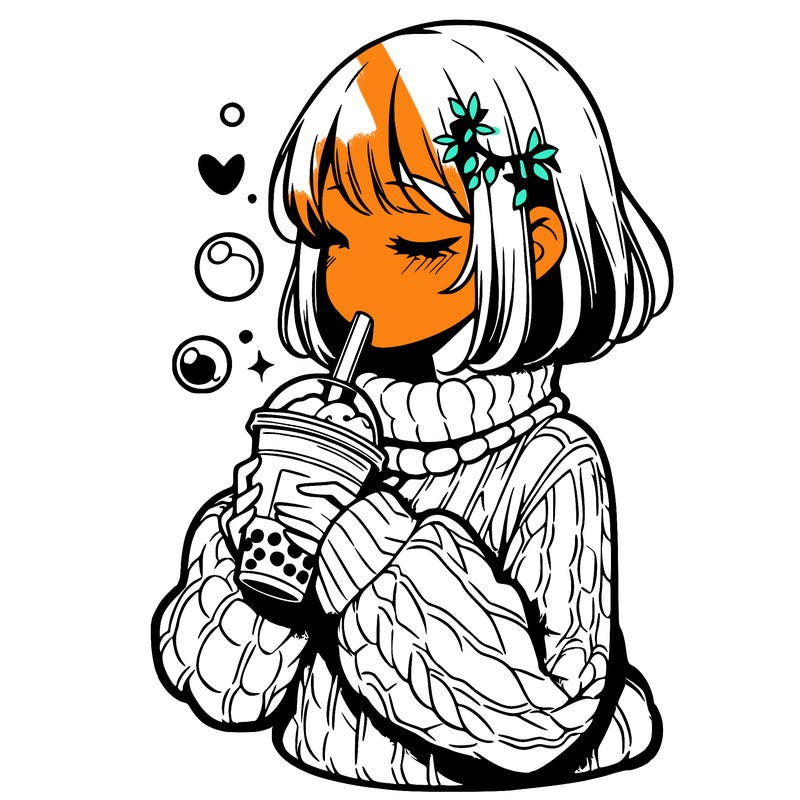 manga girl drinking boba in cozy sweater