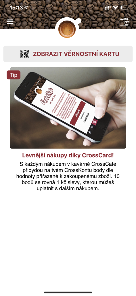 CrossCard - CrossCard App-Oberfläche, die ein Kaffee-Treueprogramm und eine Schaltfläche für Mitgliedskarten anzeigt.