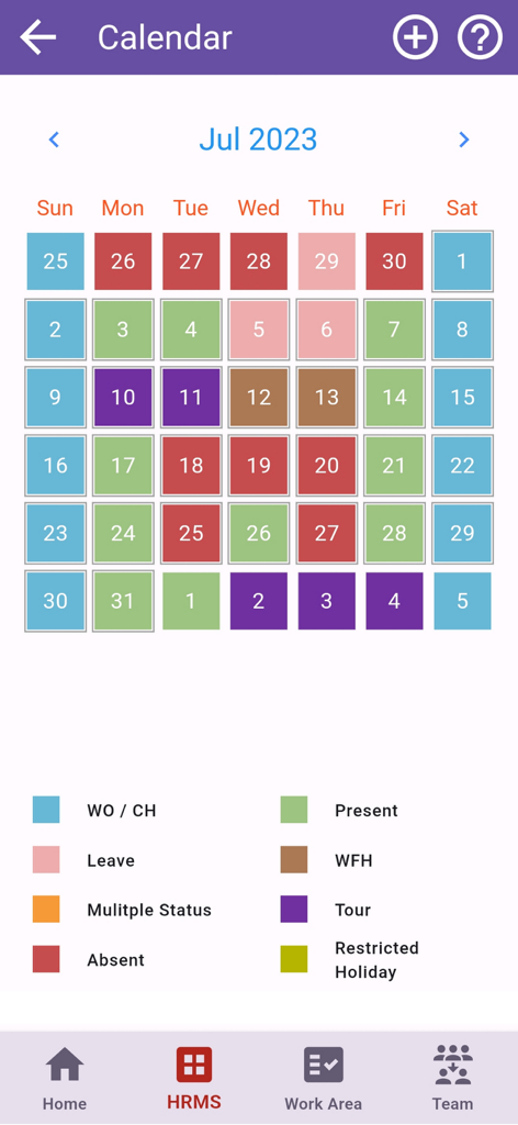 EazeWork app attendance calendar showing color-coded daily employee statuses