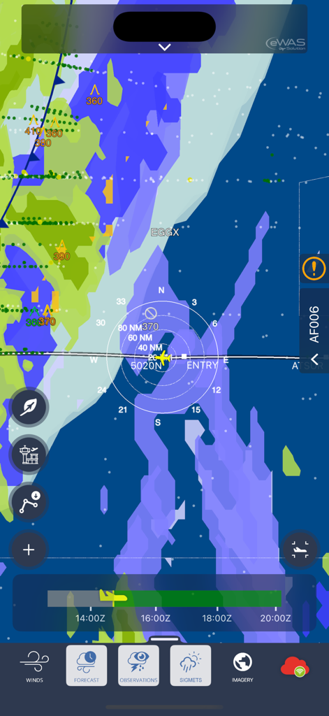 SITA eWAS for iPhone - Professional aviation map showing flight path through weather hazard zones
