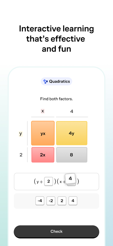 Interactive algebra lesson on factoring quadratics in the Brilliant app